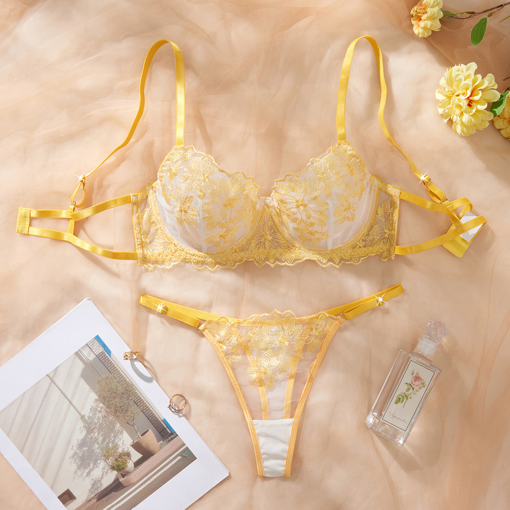 European and American sexy lingerie design embroidery mesh splicing pure desire sexy perspective steel ring gathered bra sexy set comfortable