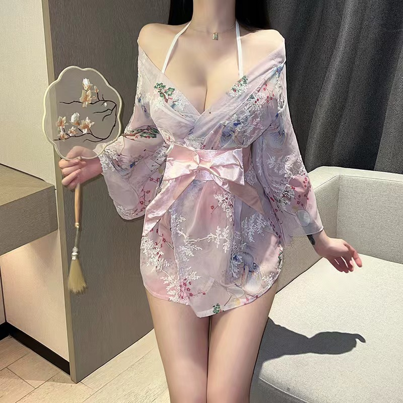 Sexy lingerie Japanese style sexy cardigan three-point chiffon embroidered kimono hot uniform female suit