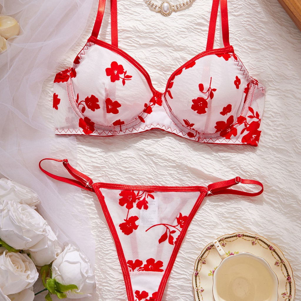 European and American sexy design underwear summer ultra-thin mesh printing big chest small pure sexy underwear set comfortable and breathable