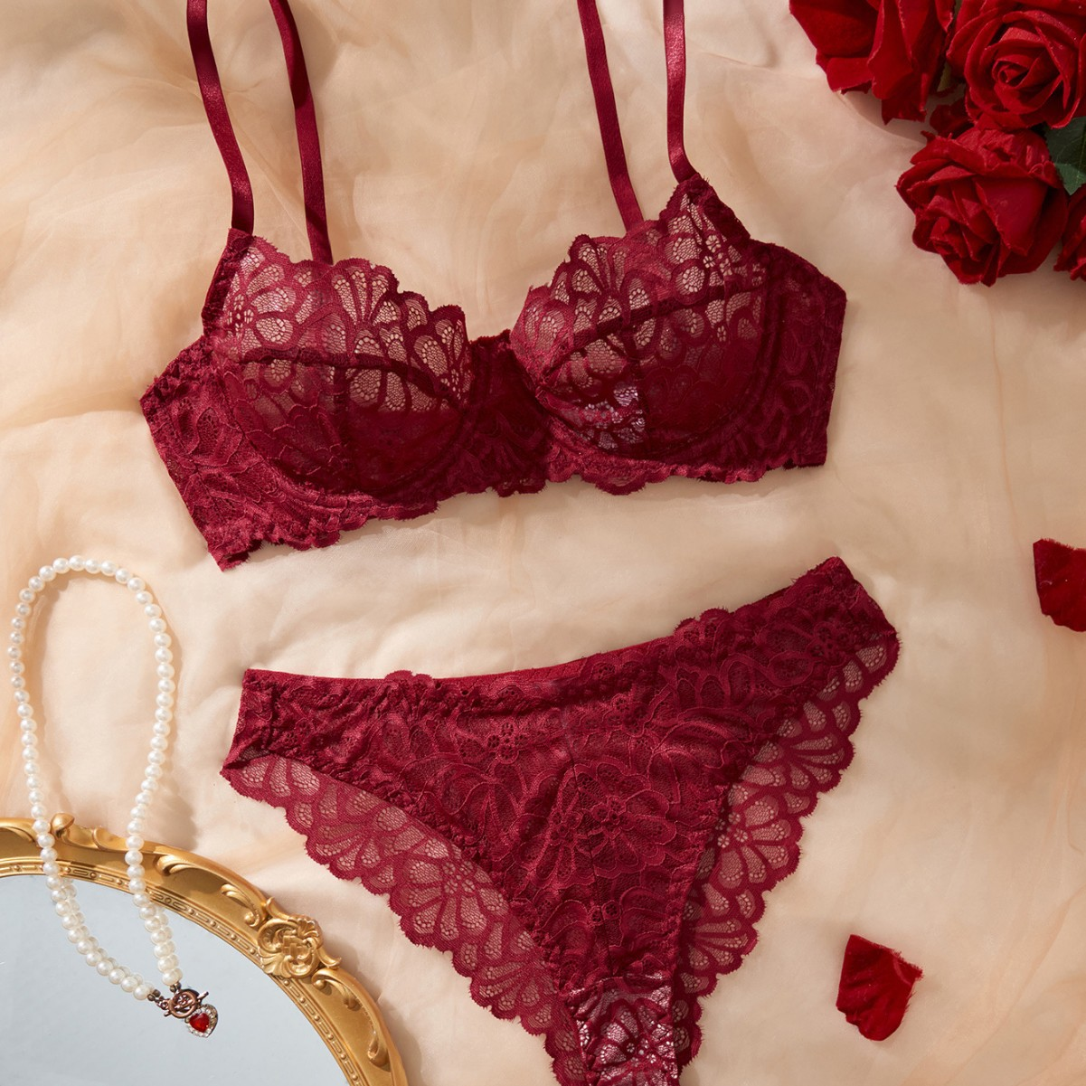 Sexy Sheer Lace Embroidered Lingerie Set with Underwire and Adjustable Straps Alluring European Style