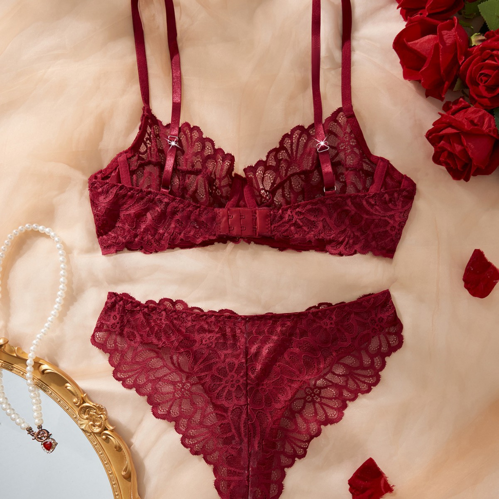 Sexy Sheer Lace Embroidered Lingerie Set with Underwire and Adjustable Straps Alluring European Style