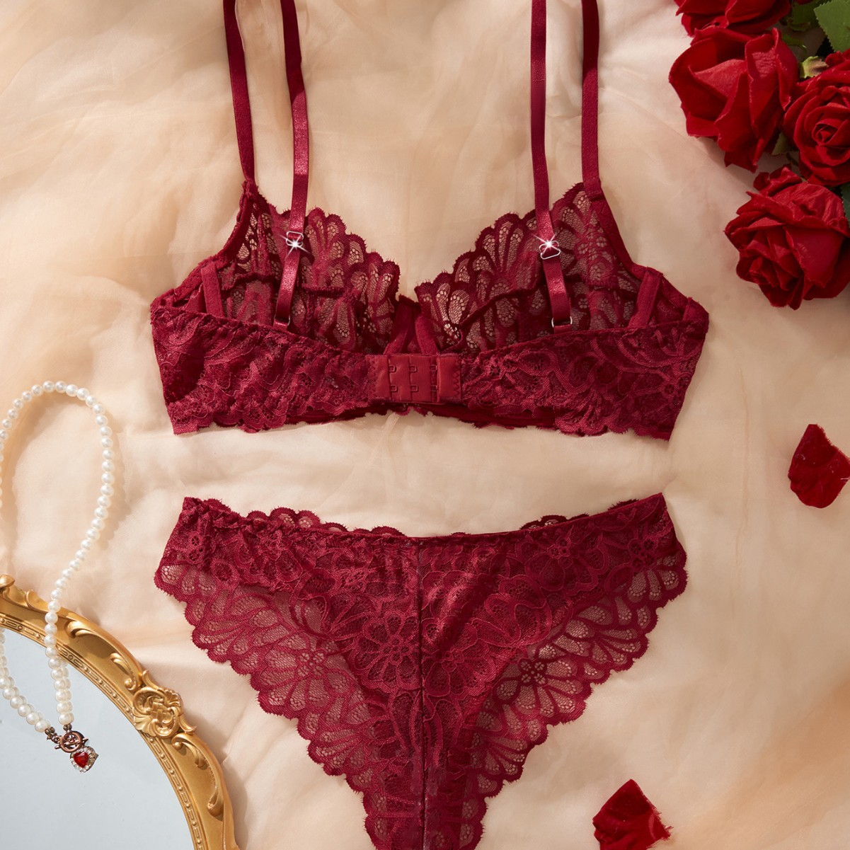 Sexy Sheer Lace Embroidered Lingerie Set with Underwire and Adjustable Straps Alluring European Style