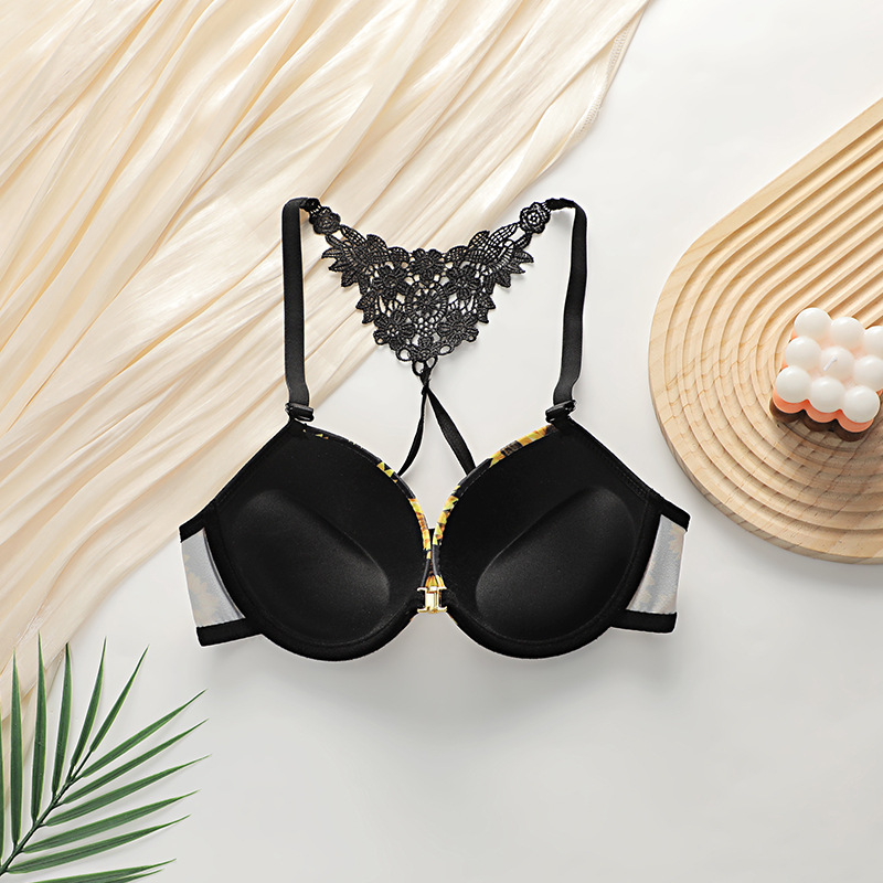 Sexy Front Clasp Daisy Lace Bra & Panty Set Front Closure Mid-Cup Lingerie with Underwire Support