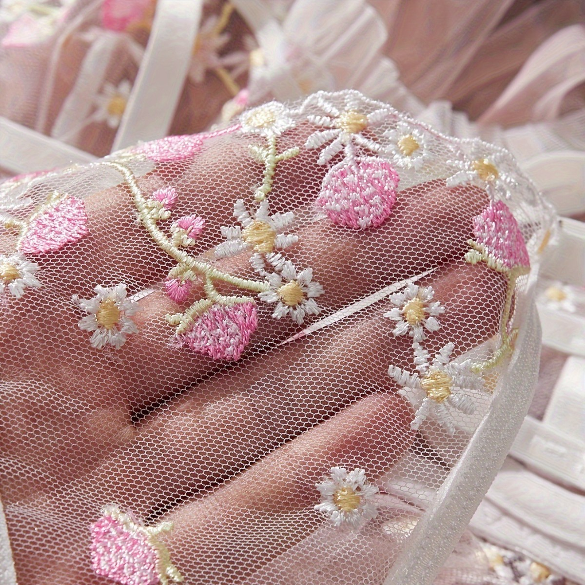 New Design Flutter Sleeve Strawberry Embroidered Mesh Lingerie Set-Sheer Sexy Youthful Thin&Breathable Bra Set