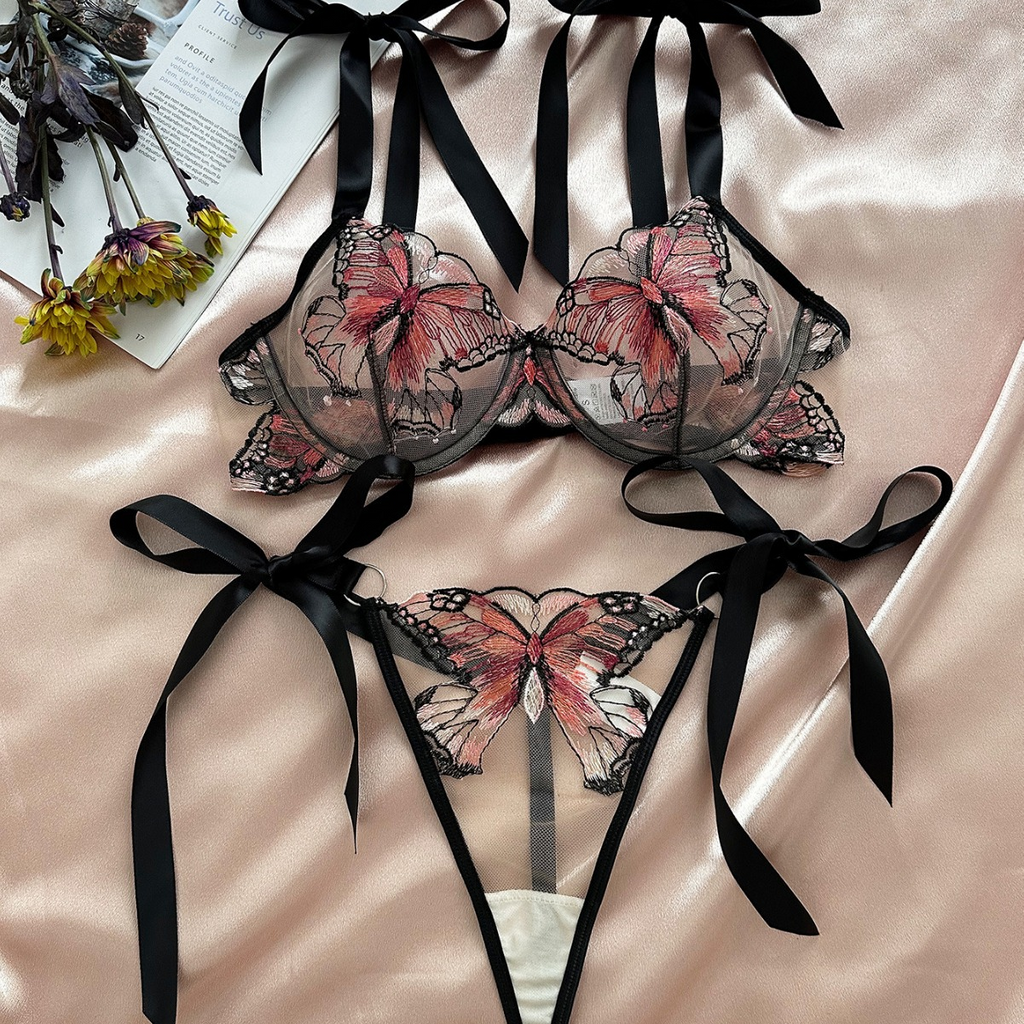 Sexy Sheer Lace Lingerie Set for Women-Butterfly Embroidery Bra&Panty with Straps, 2-Piece Mesh Intimate Set