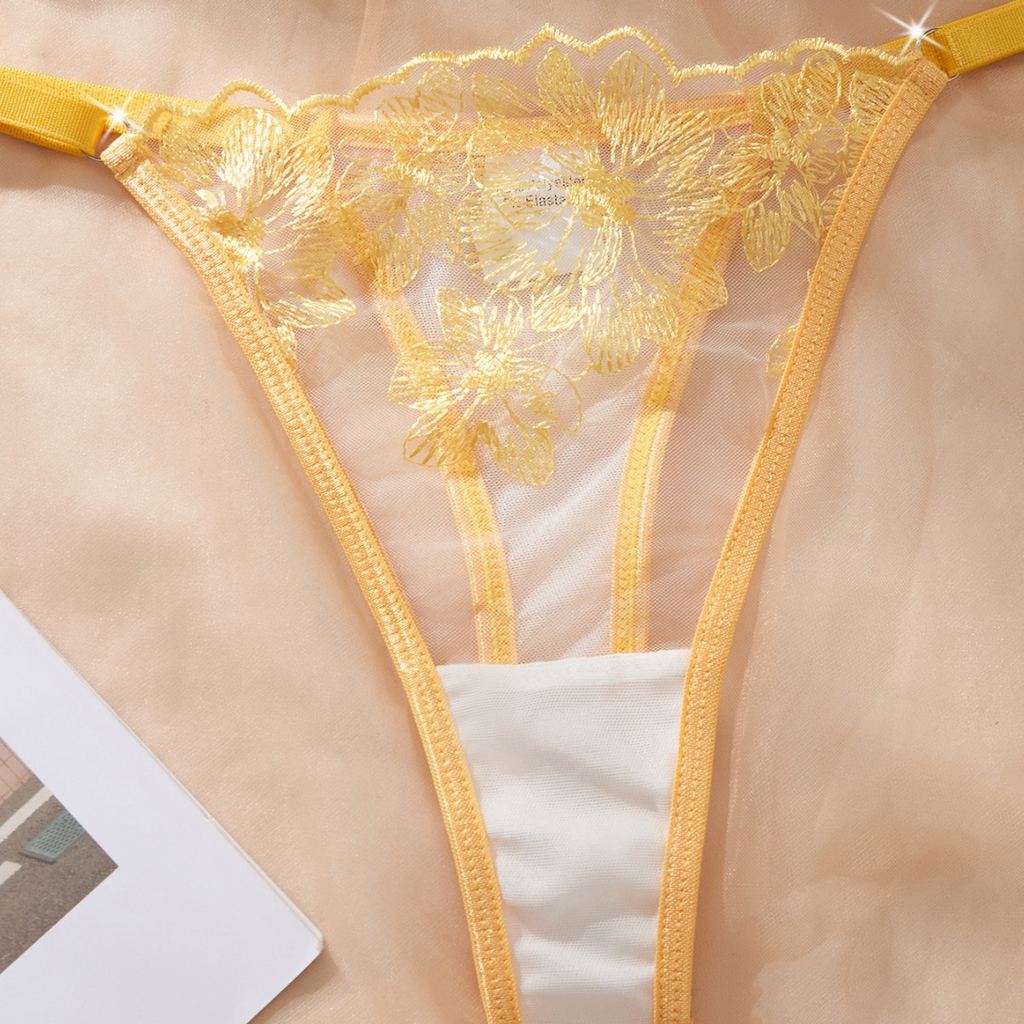 European and American sexy lingerie design embroidery mesh splicing pure desire sexy perspective steel ring gathered bra sexy set comfortable