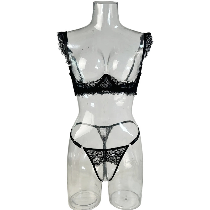 Women's Lingerie Set-Black Embroidered Lace Underwire Bra+Open-Crotch Panties, Sexy No-Remove Design, Push-Up&Cleavage Enhancing, Bridal Wedding Gift