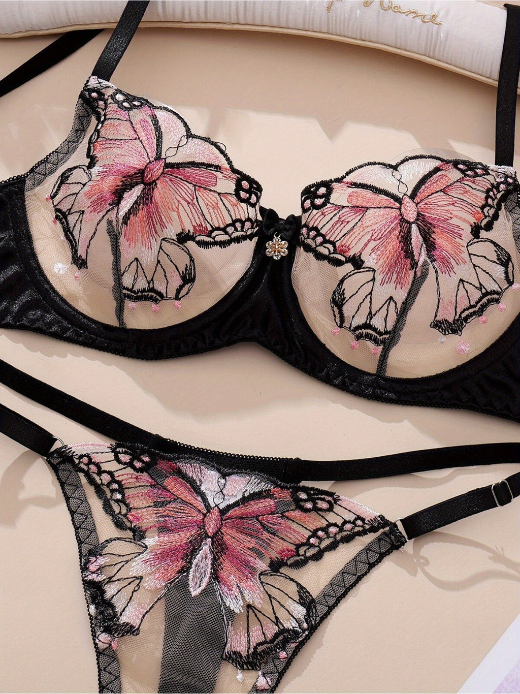 Elegant Embroidered Mesh Lingerie Set for Women-Satin Butterfly Floral Design, Breathable&Sexy Pure Desire Style