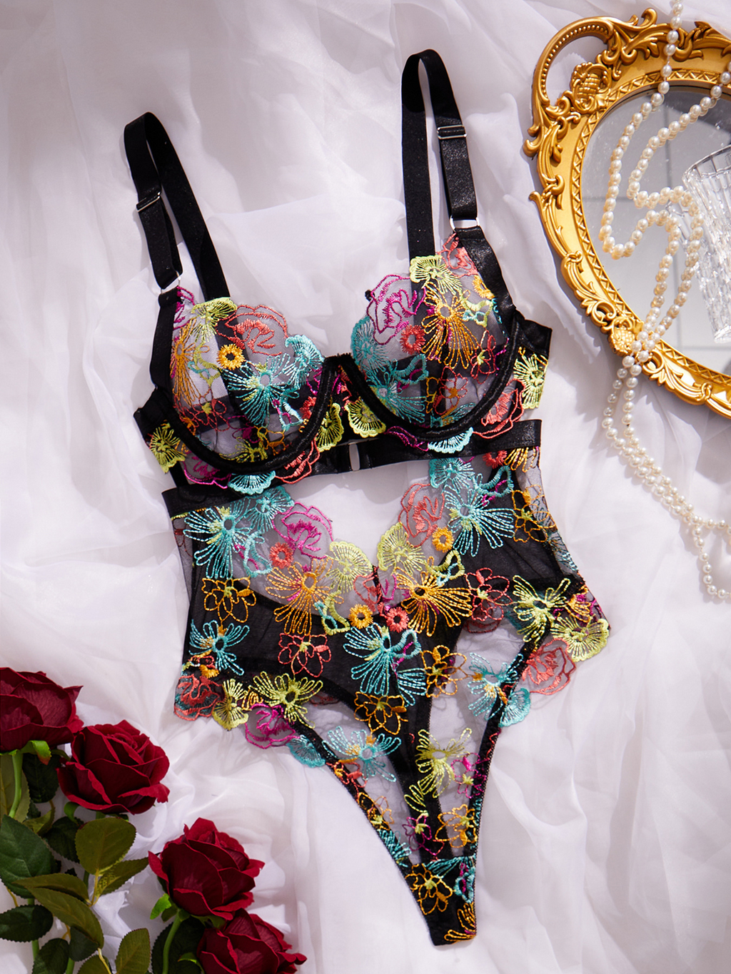 High-end Color Embroidered Sexy Lace Underwire Push-up Waist-Shaping Sheer Slimming Erotic Bodysuit