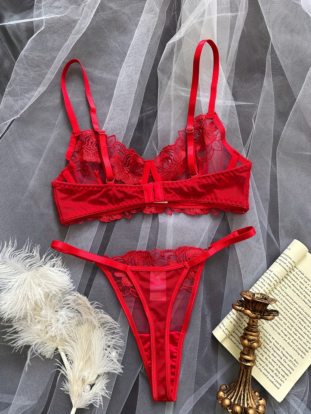 New Valentine's Day Sexy Floral Embroidery Push-Up Lingerie Set Romantic Sheer Seductive Role Play Outfit