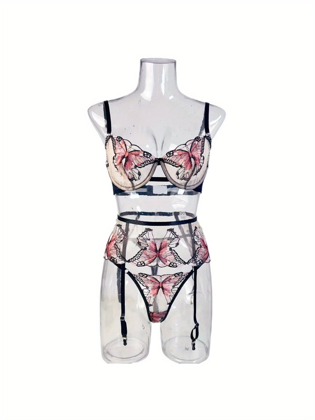 Sexy Sheer Butterfly Embroidery Lingerie Set 3 Piece Bra, Garter Belt & Thong with Underwire Support