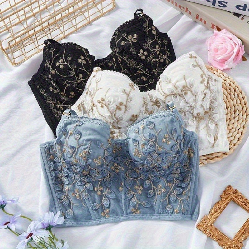 French Lace Bra-PushUp & Anti-Sagging, Tummy Control Underwire Bustier, Adjustable Straps Romantic Lingerie