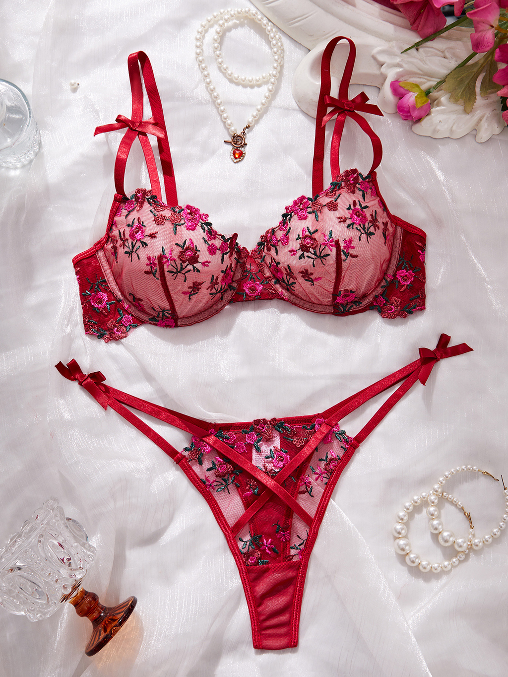 Floral Lace Lingerie Set - Sheer Mesh Bra & G-String with Adjustable Straps 3D Romantic Embroidery, Ultra Soft 4-Way Stretch Fabric, No-Ride Comfort for All Day Wear