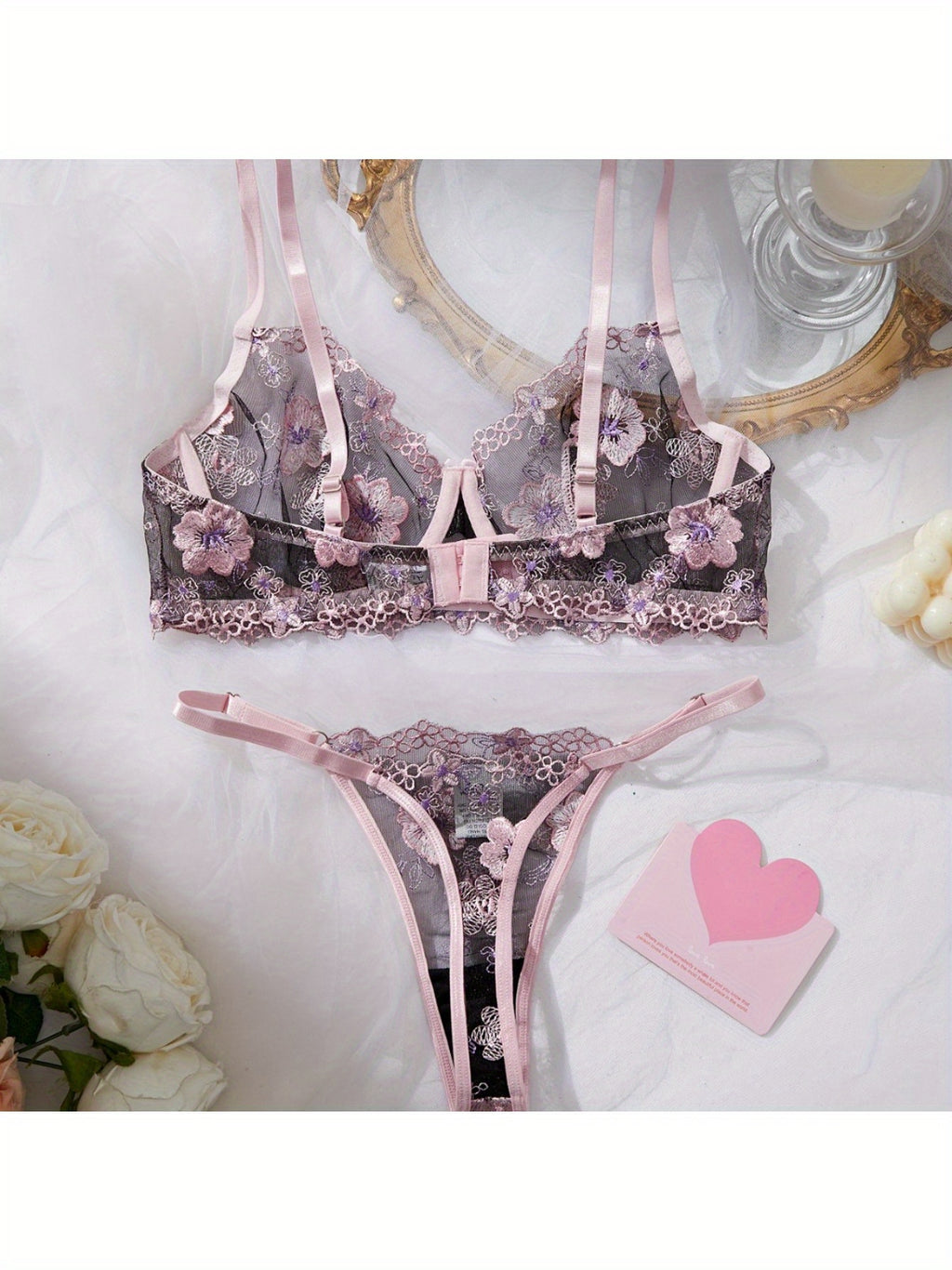 Bestseller Summer Sexy Lingerie Set - Sheer Ultra-Thin Pink Floral Pure Desire Breathable Erotic Bra&G-String Thong