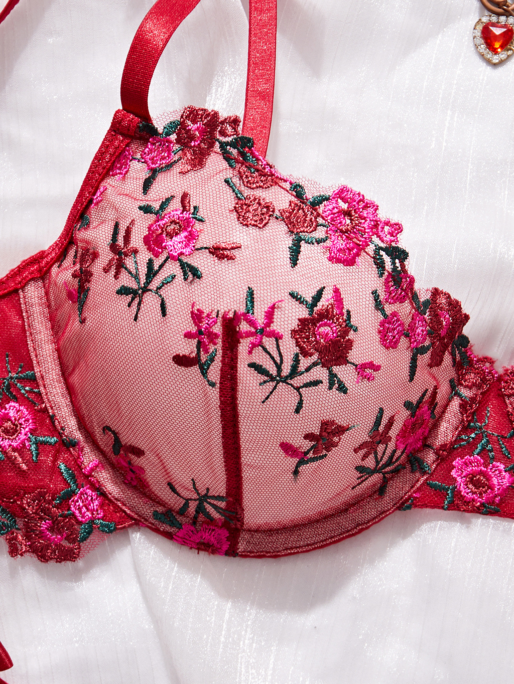 Floral Lace Lingerie Set - Sheer Mesh Bra & G-String with Adjustable Straps 3D Romantic Embroidery, Ultra Soft 4-Way Stretch Fabric, No-Ride Comfort for All Day Wear