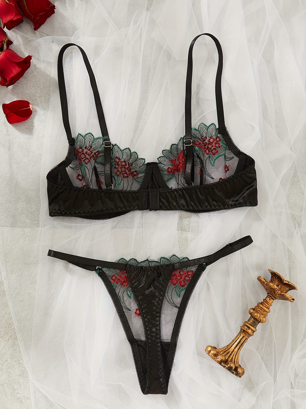 Valentine's Day Lingerie Set - Sheer Mesh Bra & G-String with Adjustable Straps, Sexy See-Through Teddy, Romantic Gift for Her, Soft Stretchy Fabric, Comfortable All Day Wear