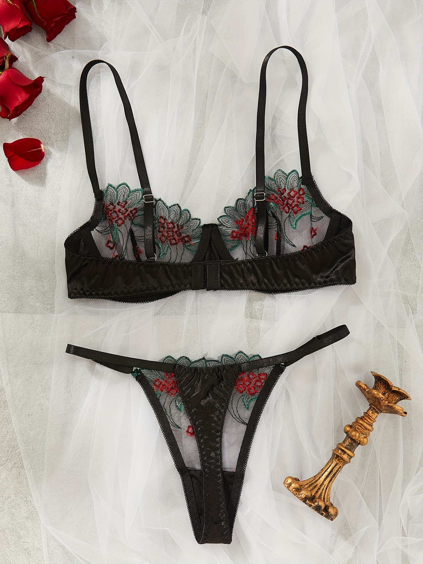 Valentine's Day Lingerie Set - Sheer Mesh Bra & G-String with Adjustable Straps, Sexy See-Through Teddy, Romantic Gift for Her, Soft Stretchy Fabric, Comfortable All Day Wear