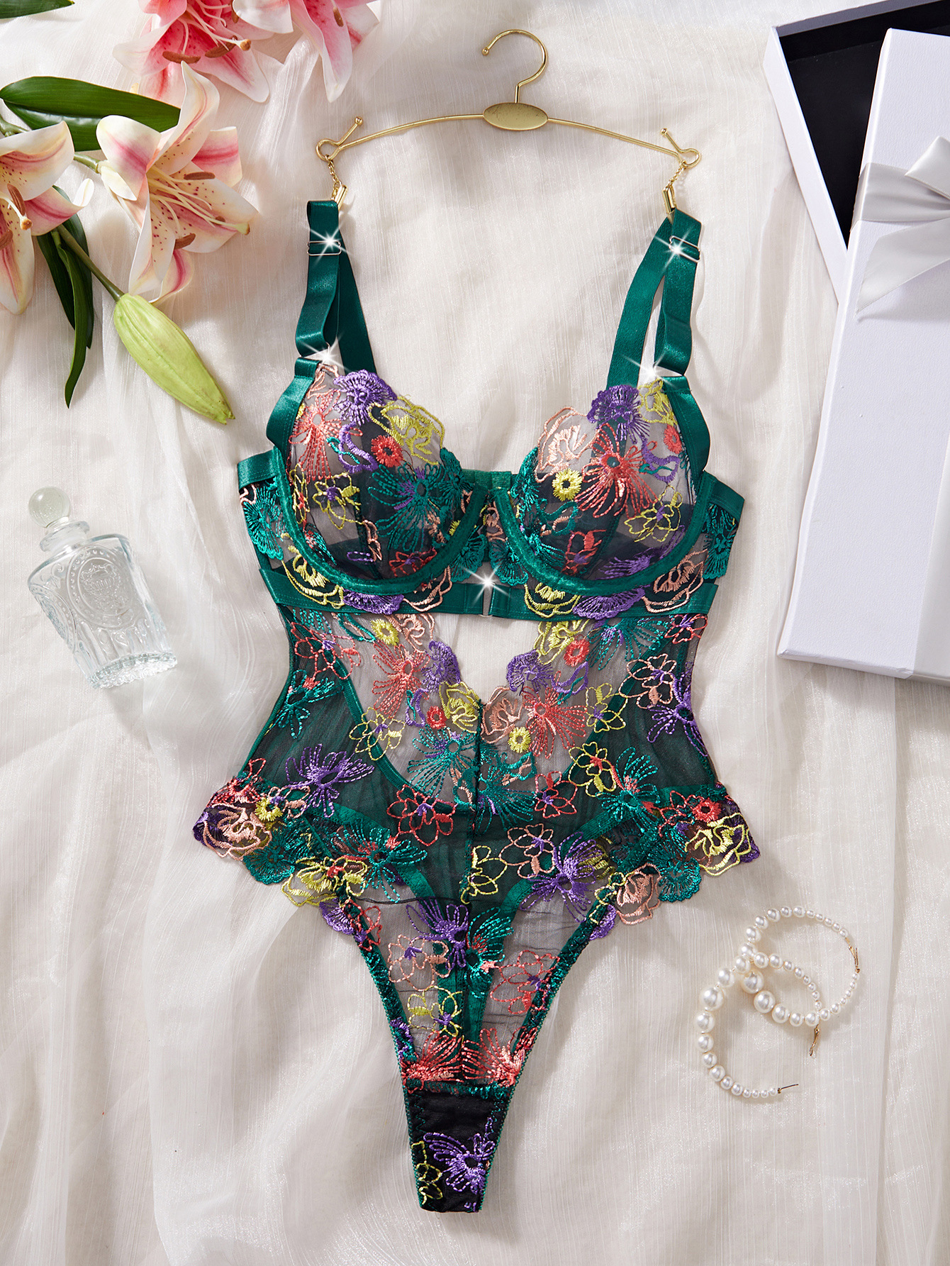 High-end Color Embroidered Sexy Lace Underwire Push-up Waist-Shaping Sheer Slimming Erotic Bodysuit