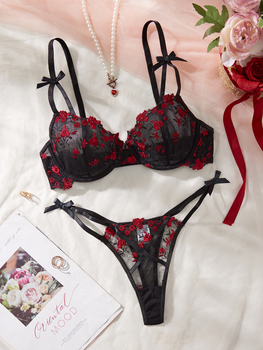 Floral Lace Lingerie Set - Sheer Mesh Bra & G-String with Adjustable Straps 3D Romantic Embroidery, Ultra Soft 4-Way Stretch Fabric, No-Ride Comfort for All Day Wear