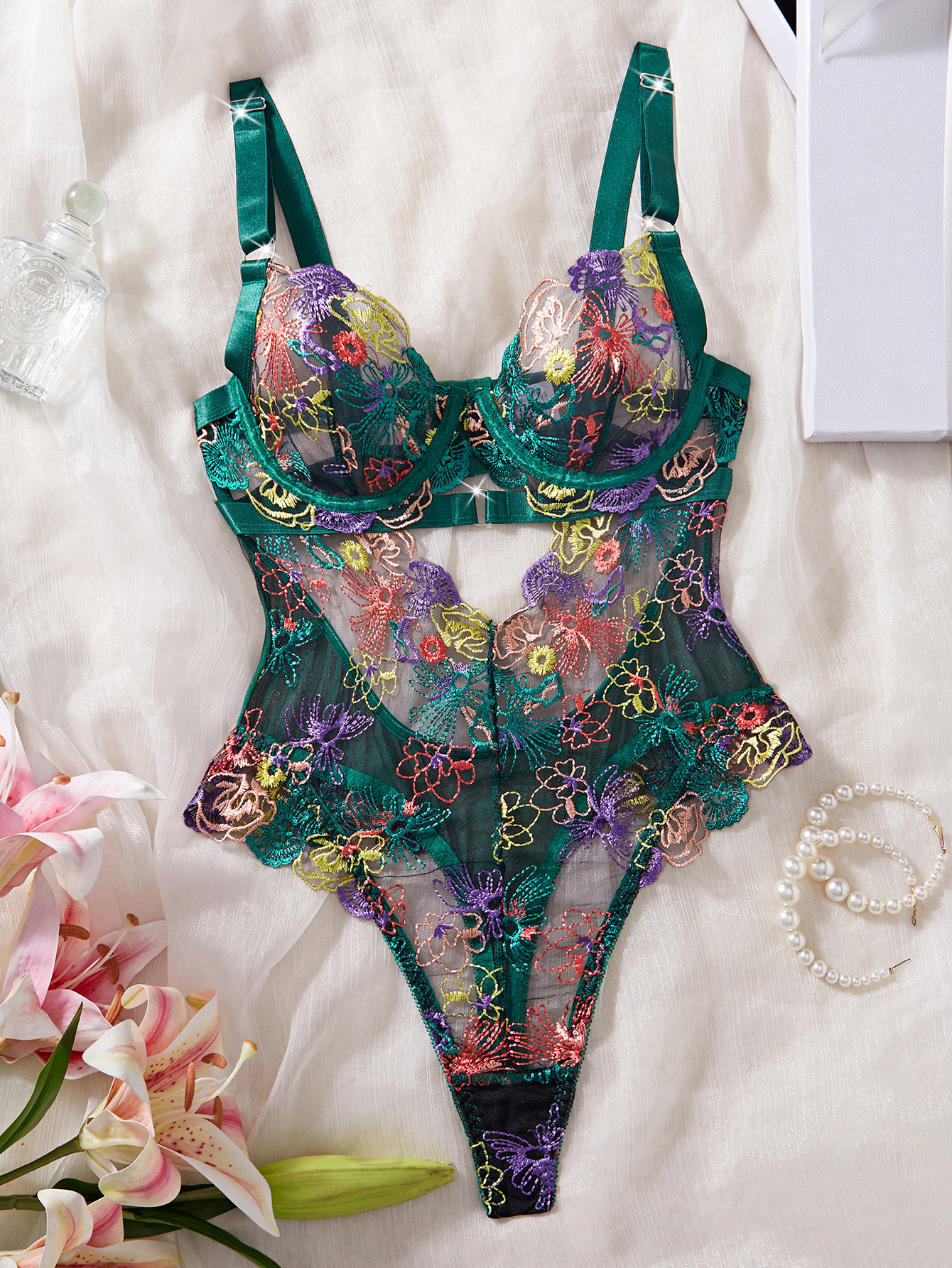 High-end Color Embroidered Sexy Lace Underwire Push-up Waist-Shaping Sheer Slimming Erotic Bodysuit