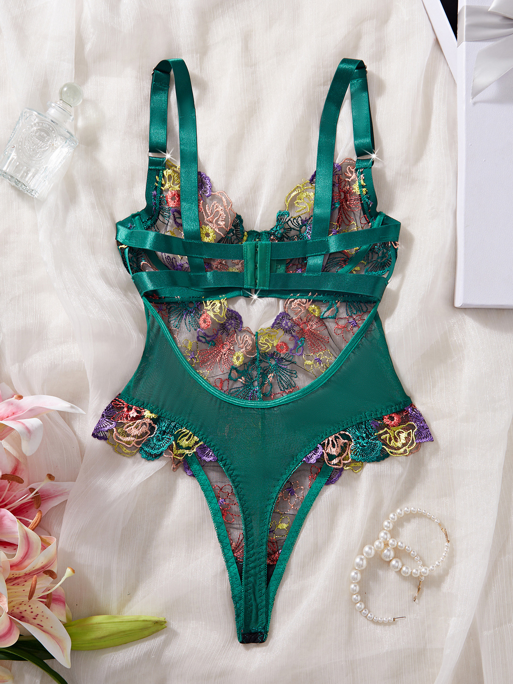 High-end Color Embroidered Sexy Lace Underwire Push-up Waist-Shaping Sheer Slimming Erotic Bodysuit