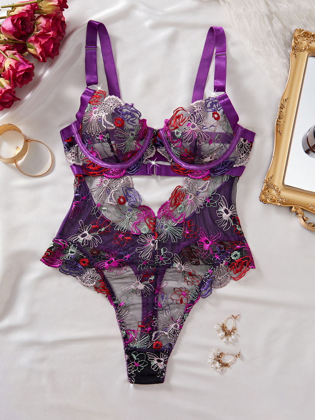 High-end Color Embroidered Sexy Lace Underwire Push-up Waist-Shaping Sheer Slimming Erotic Bodysuit