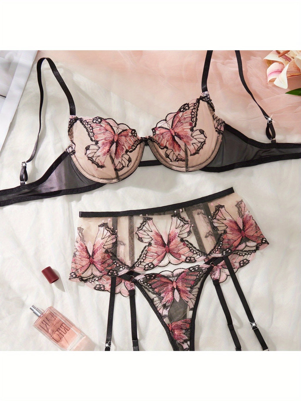 Sexy Sheer Butterfly Embroidery Lingerie Set 3 Piece Bra, Garter Belt & Thong with Underwire Support