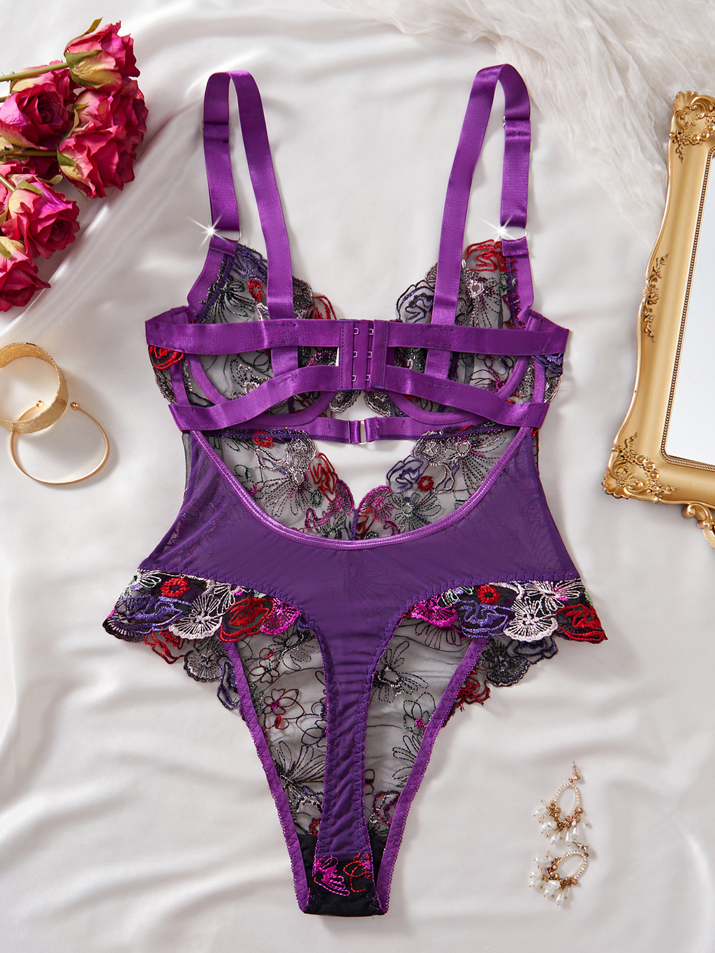 High-end Color Embroidered Sexy Lace Underwire Push-up Waist-Shaping Sheer Slimming Erotic Bodysuit