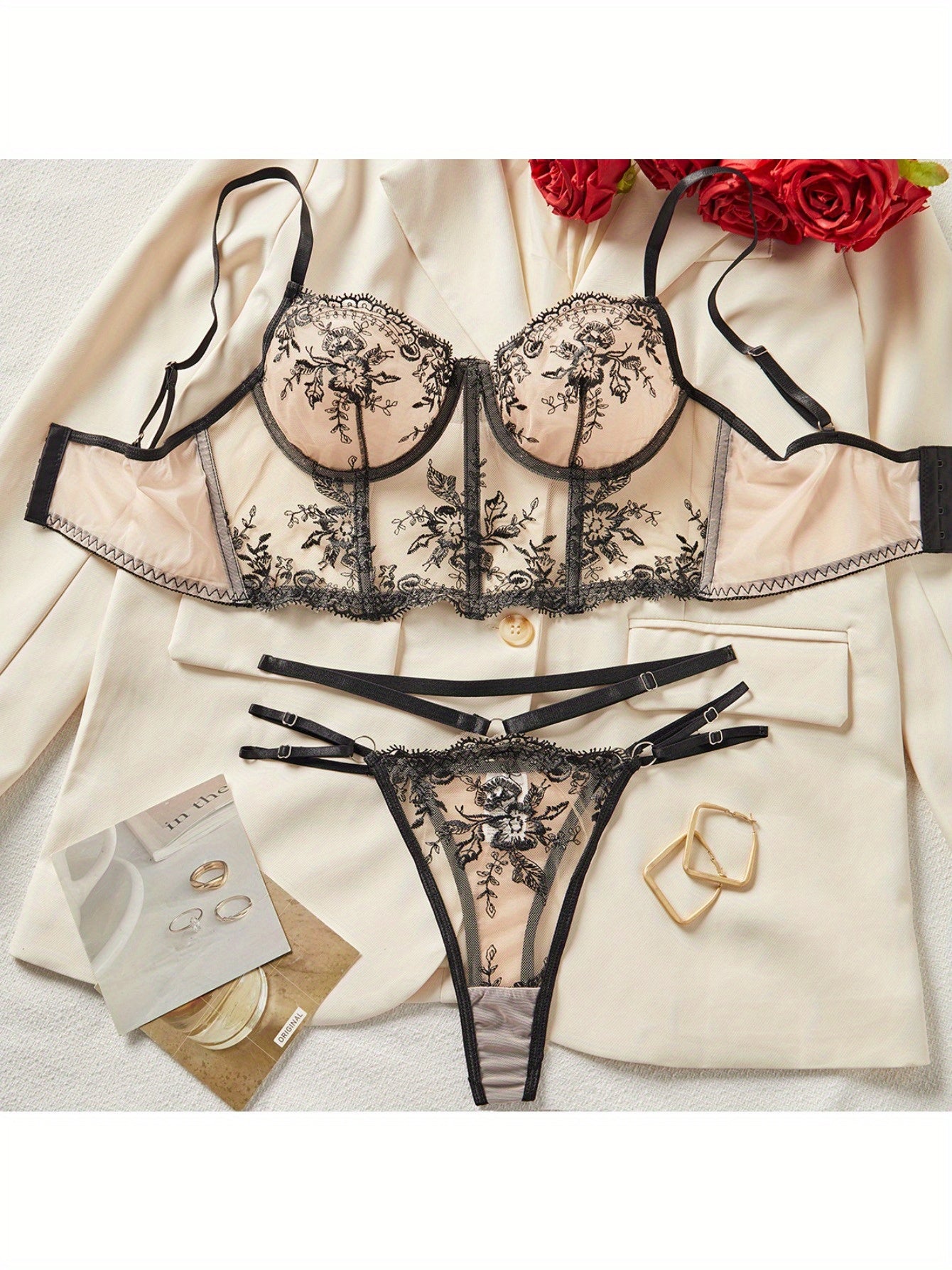Hot-Selling Floral Embroidered Mesh Lingerie Set Sexy Boned Sheer Underwear with Slim Fit Design