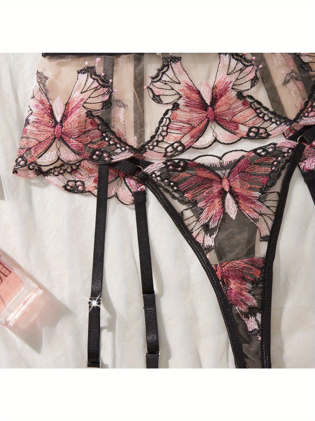 Sexy Sheer Butterfly Embroidery Lingerie Set 3 Piece Bra, Garter Belt & Thong with Underwire Support