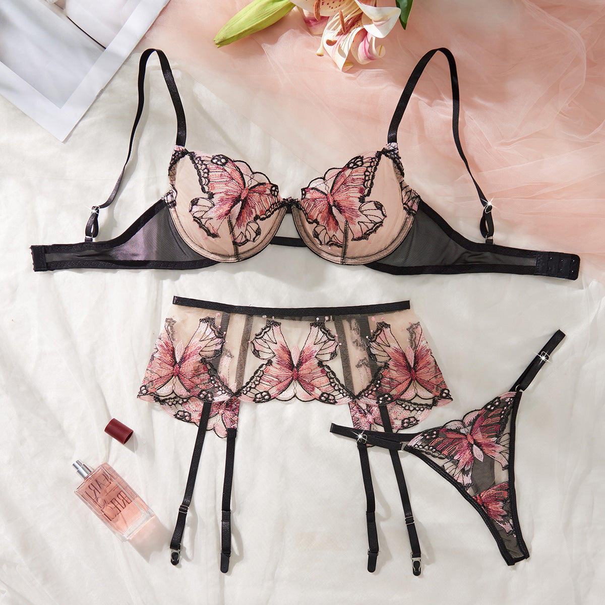 Sexy Sheer Butterfly Embroidery Lingerie Set 3 Piece Bra, Garter Belt & Thong with Underwire Support