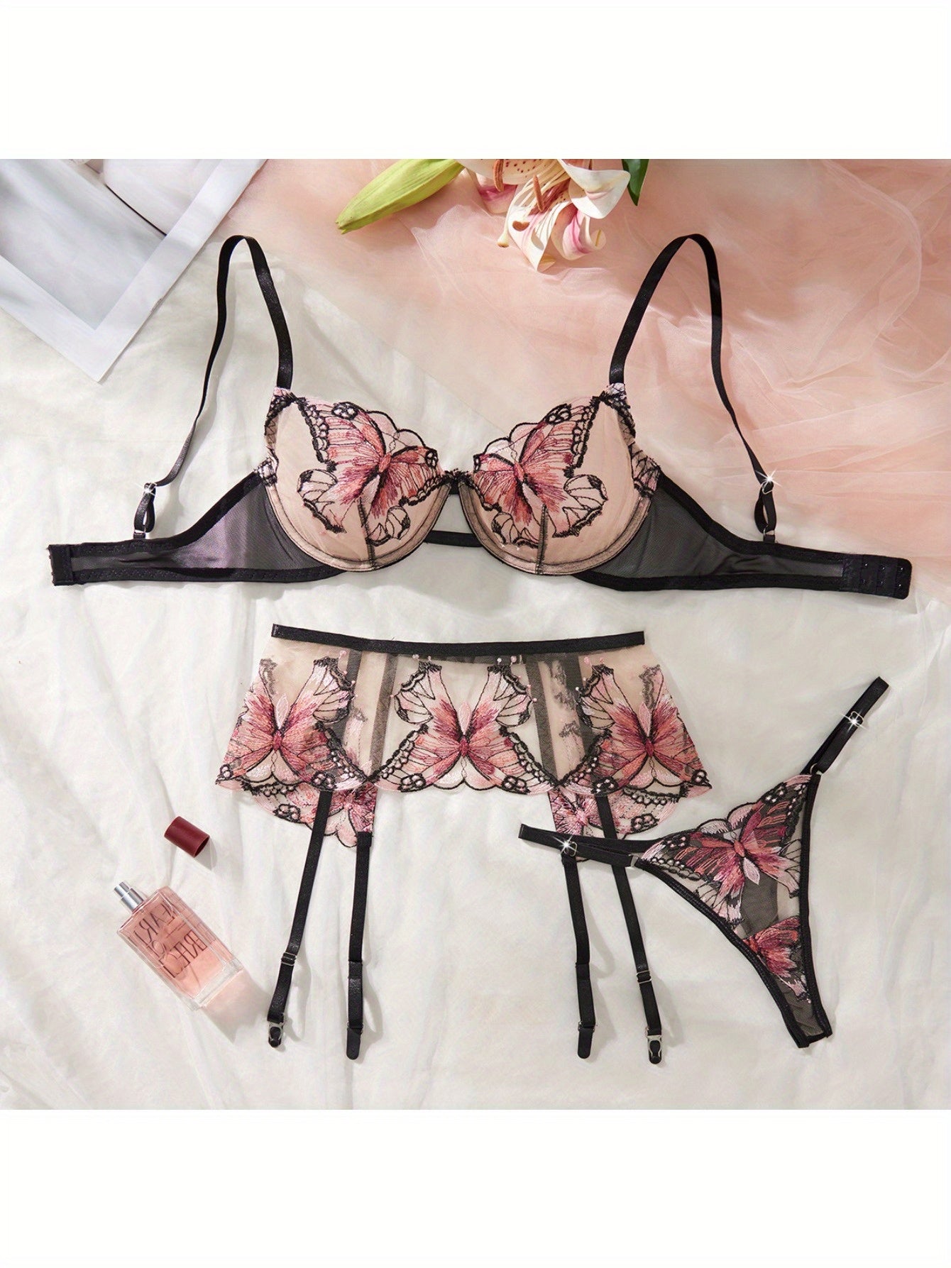 Sexy Sheer Butterfly Embroidery Lingerie Set 3 Piece Bra, Garter Belt & Thong with Underwire Support