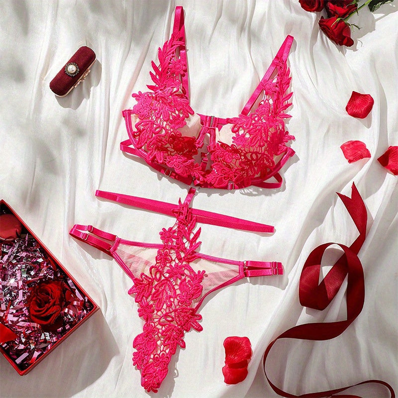 Sexy Lace Embroidery Lingerie Set for Women Temptation Bodysuit with Bra & Panty, Sultry Sheer Mesh Intimate Outfit