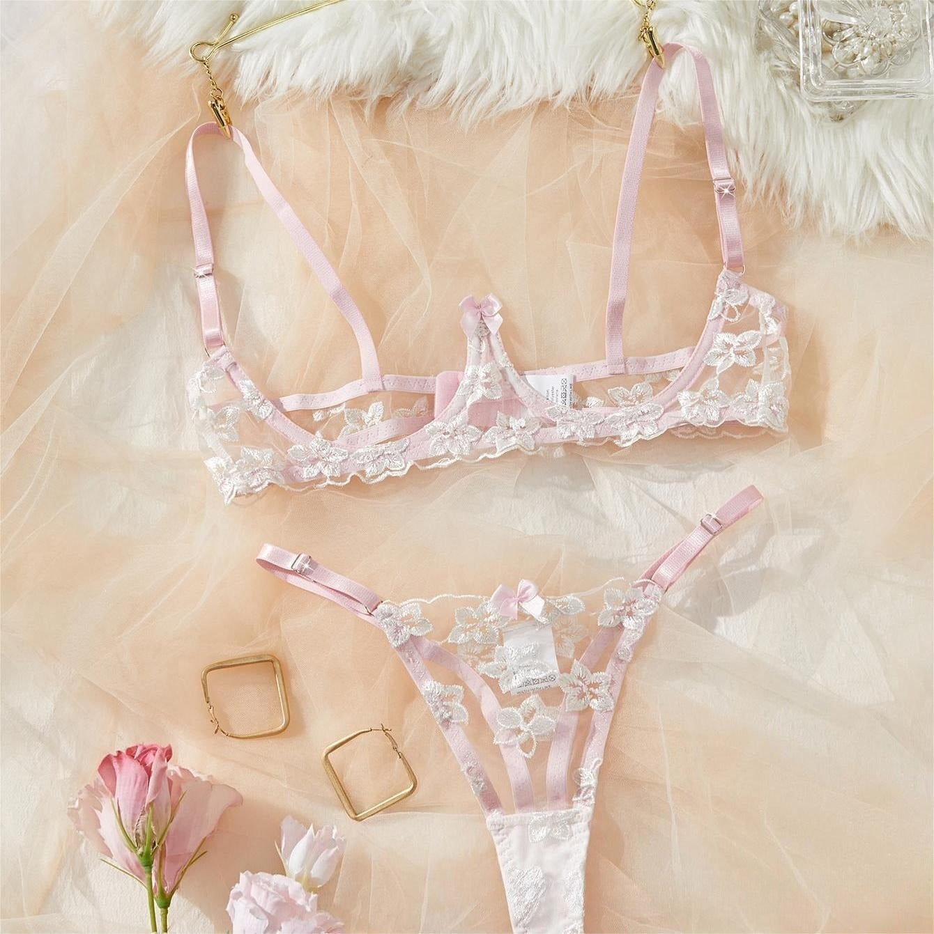 Hot INS Trend French Lace Embroidery Lingerie Set Half Cup Sexy Bra & Panty Set