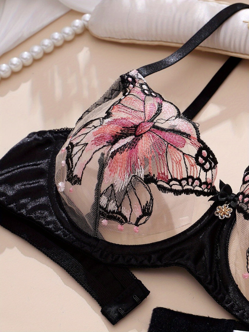 Elegant Embroidered Mesh Lingerie Set for Women-Satin Butterfly Floral Design, Breathable&Sexy Pure Desire Style