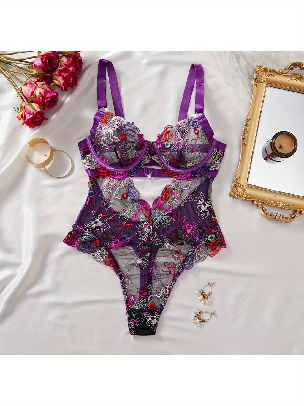 High-end Color Embroidered Sexy Lace Underwire Push-up Waist-Shaping Sheer Slimming Erotic Bodysuit