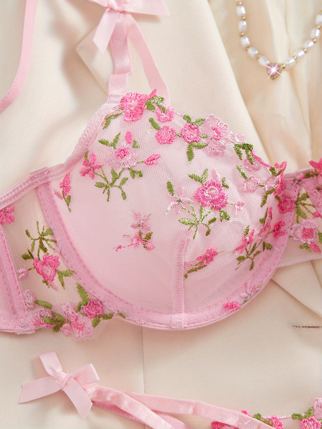 Floral Lace Lingerie Set - Sheer Mesh Bra & G-String with Adjustable Straps 3D Romantic Embroidery, Ultra Soft 4-Way Stretch Fabric, No-Ride Comfort for All Day Wear