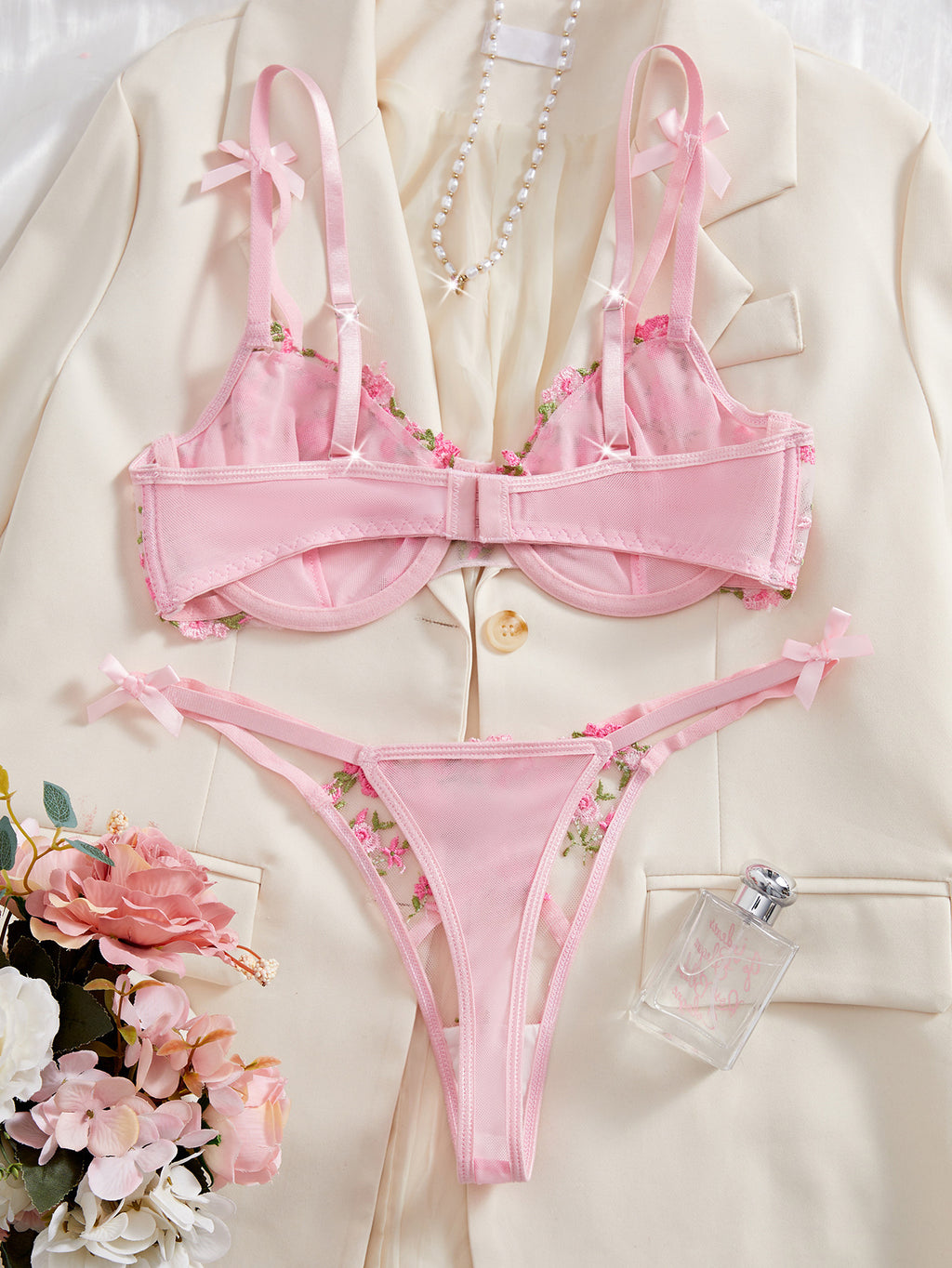 Floral Lace Lingerie Set - Sheer Mesh Bra & G-String with Adjustable Straps 3D Romantic Embroidery, Ultra Soft 4-Way Stretch Fabric, No-Ride Comfort for All Day Wear