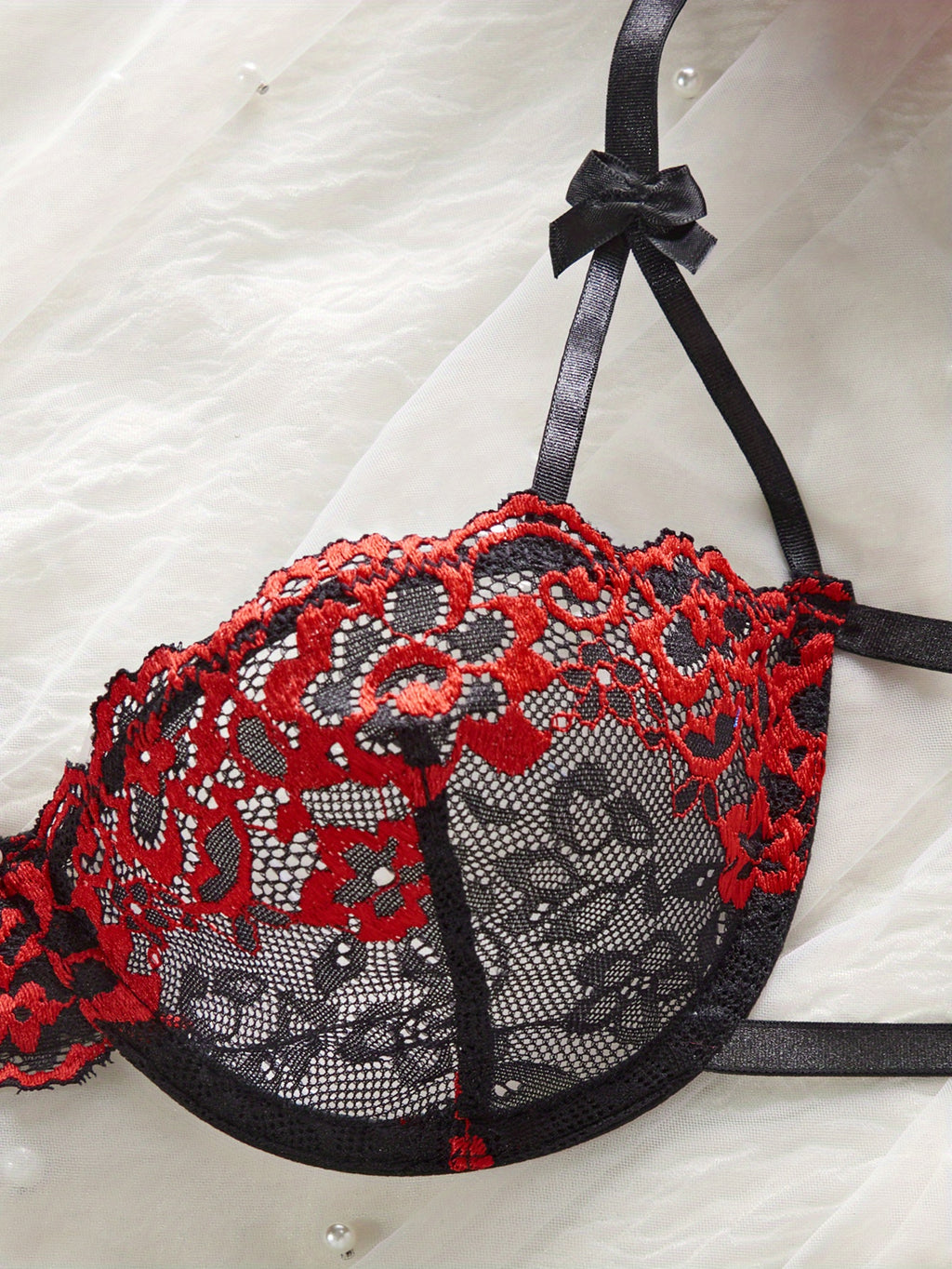 Valentine's Day Lingerie Set - Floral Lace Bra & G-String with Crisscross Straps 3D Embroidery, Adjustable & Supportive Romantic Gift for Her