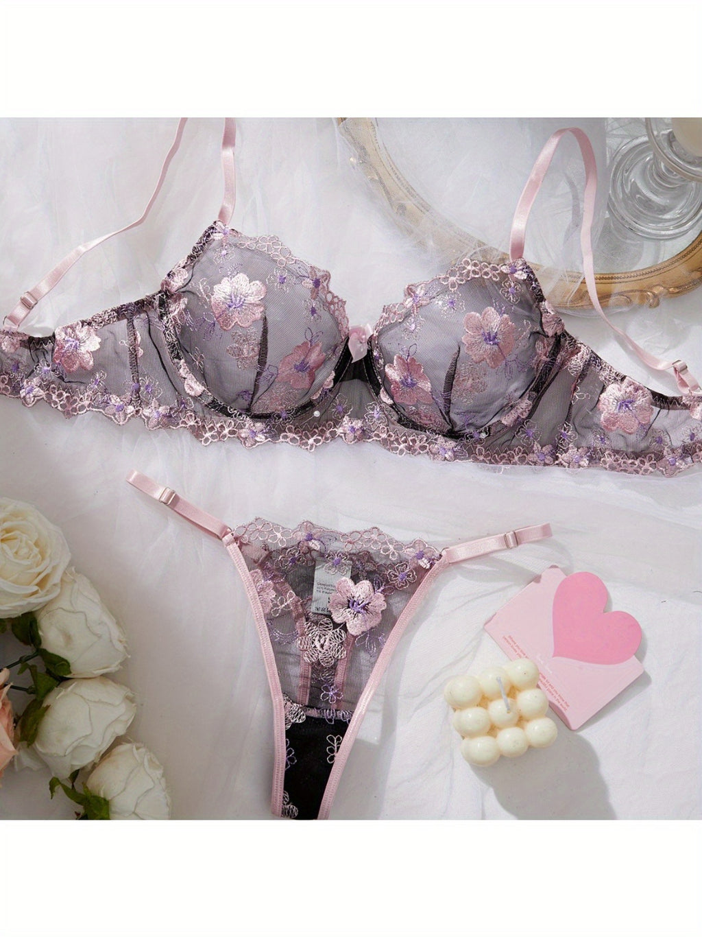 Bestseller Summer Sexy Lingerie Set - Sheer Ultra-Thin Pink Floral Pure Desire Breathable Erotic Bra&G-String Thong