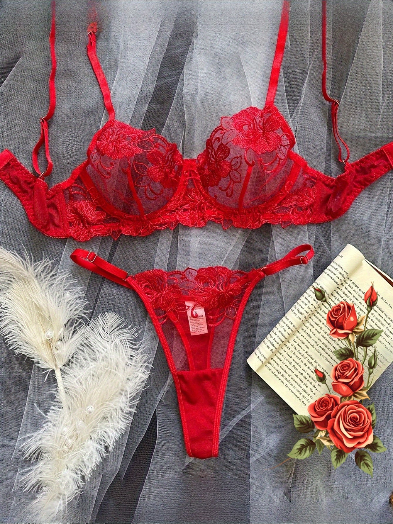 New Valentine's Day Sexy Floral Embroidery Push-Up Lingerie Set Romantic Sheer Seductive Role Play Outfit