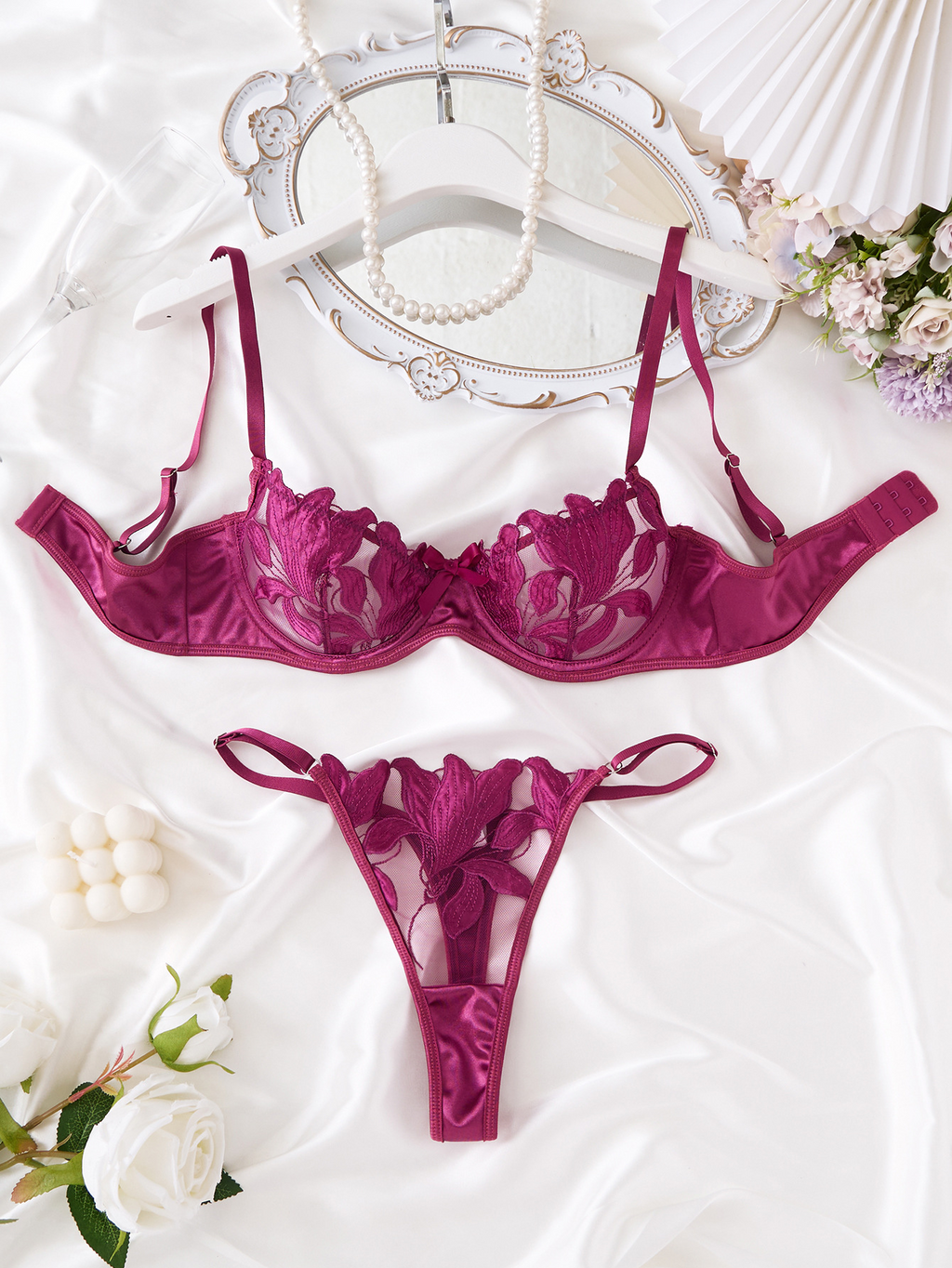 Design sweet lace embroidery mesh see-through sexy lingerie thong pure desire hot lingerie set comfortable and breathable