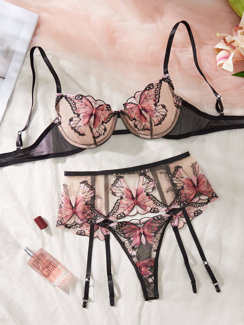 Sexy Sheer Butterfly Embroidery Lingerie Set 3 Piece Bra, Garter Belt & Thong with Underwire Support