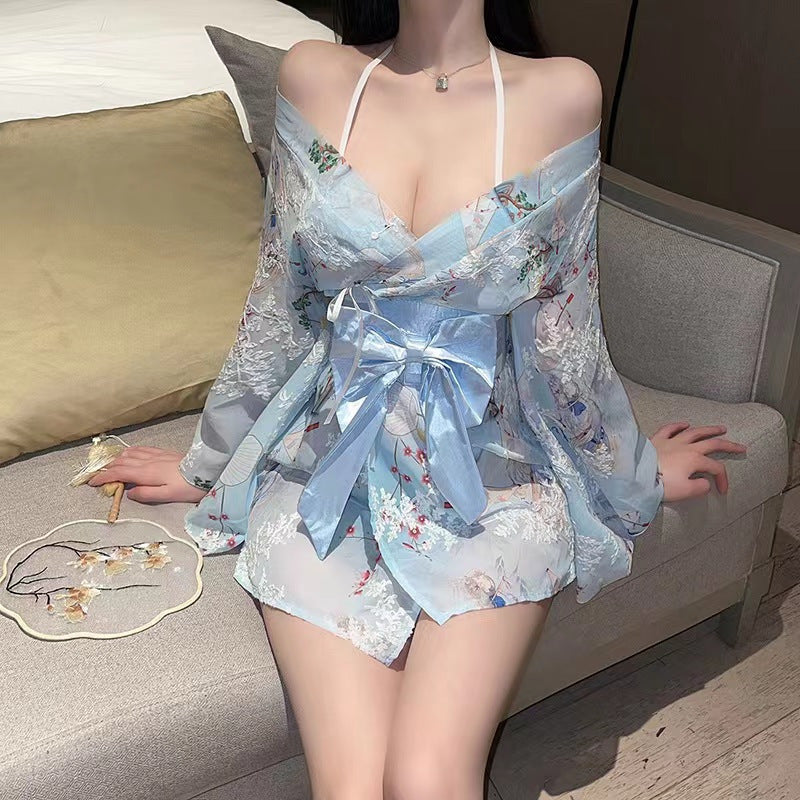 Sexy lingerie Japanese style sexy cardigan three-point chiffon embroidered kimono hot uniform female suit