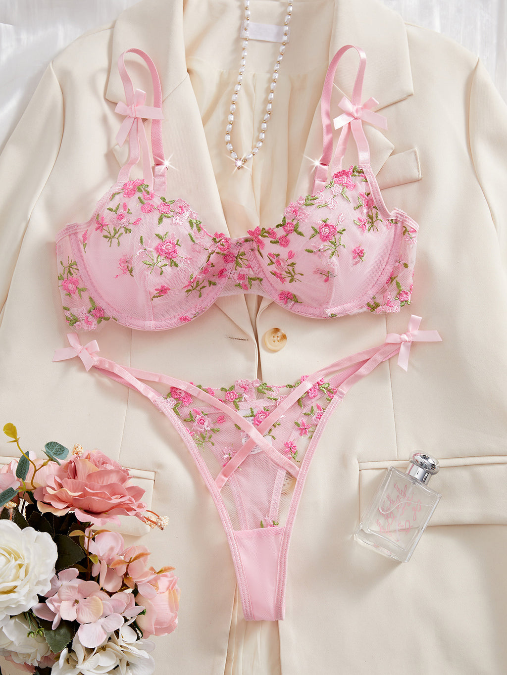 Floral Lace Lingerie Set - Sheer Mesh Bra & G-String with Adjustable Straps 3D Romantic Embroidery, Ultra Soft 4-Way Stretch Fabric, No-Ride Comfort for All Day Wear