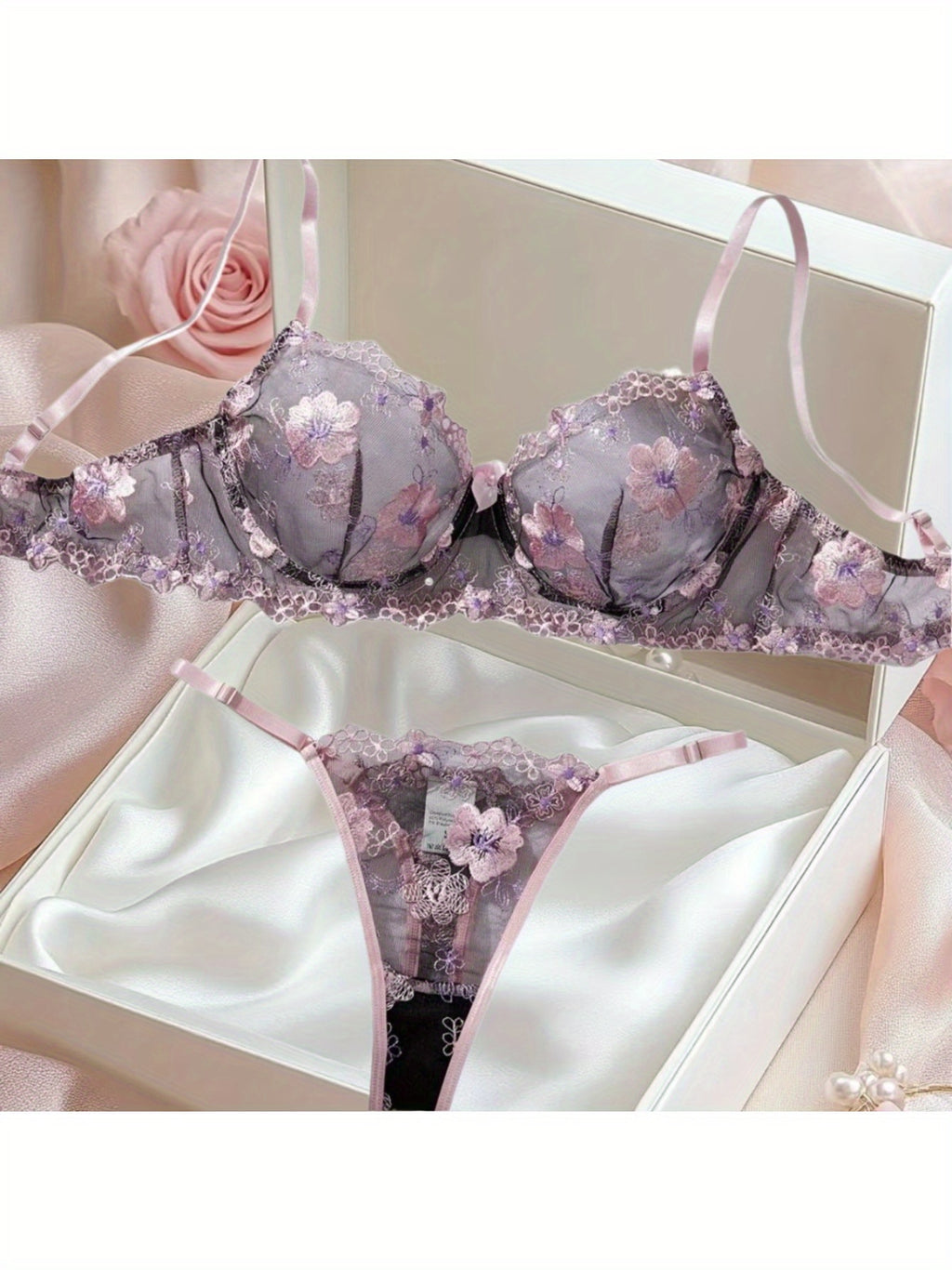 Bestseller Summer Sexy Lingerie Set - Sheer Ultra-Thin Pink Floral Pure Desire Breathable Erotic Bra&G-String Thong