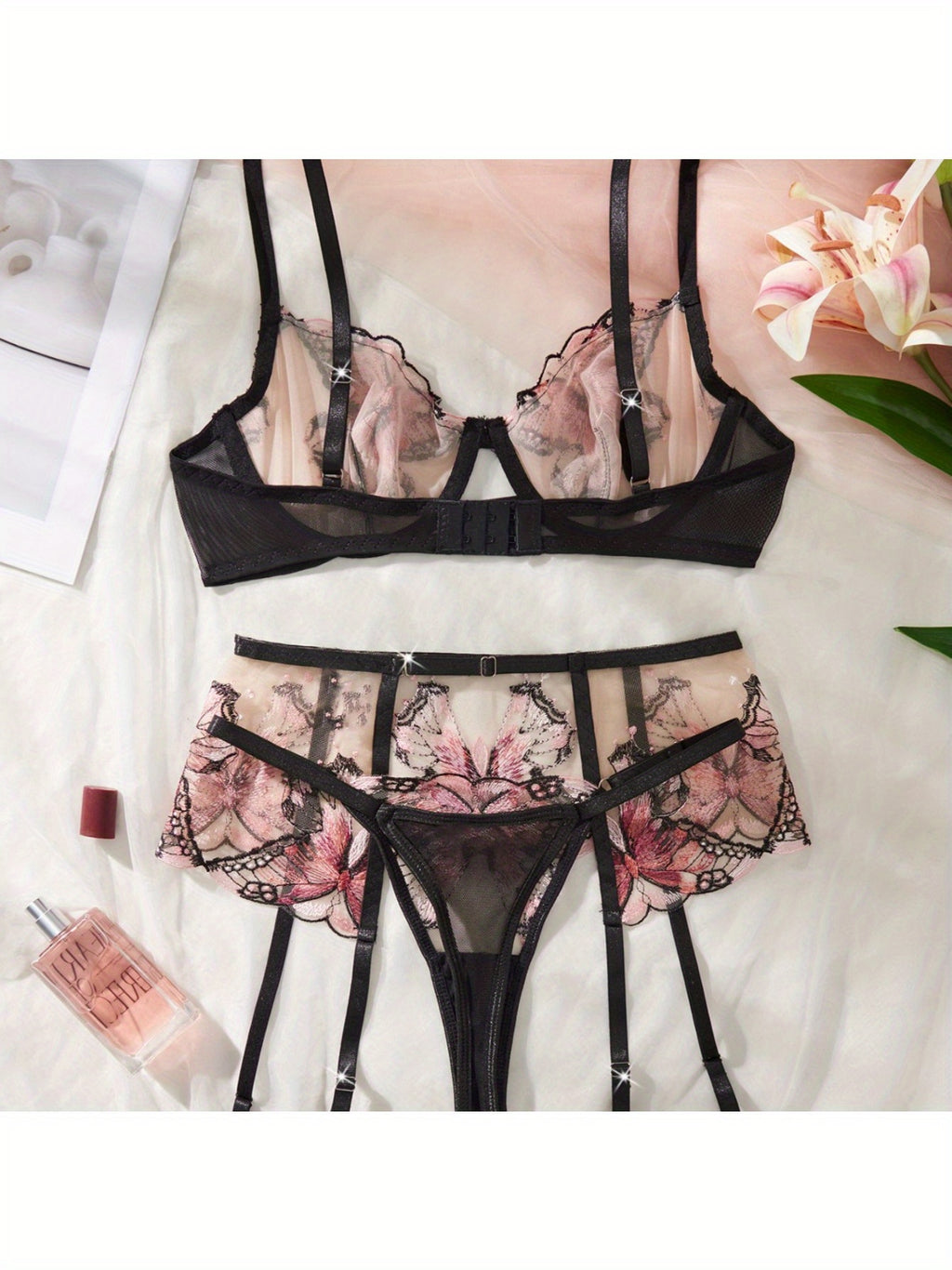 Sexy Sheer Butterfly Embroidery Lingerie Set 3 Piece Bra, Garter Belt & Thong with Underwire Support