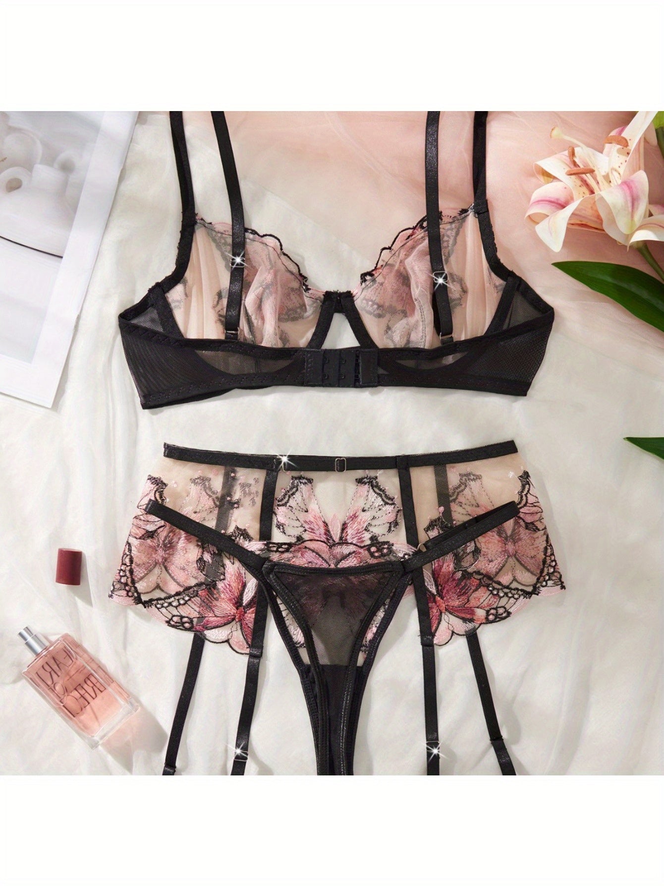 Sexy Sheer Butterfly Embroidery Lingerie Set 3 Piece Bra, Garter Belt & Thong with Underwire Support