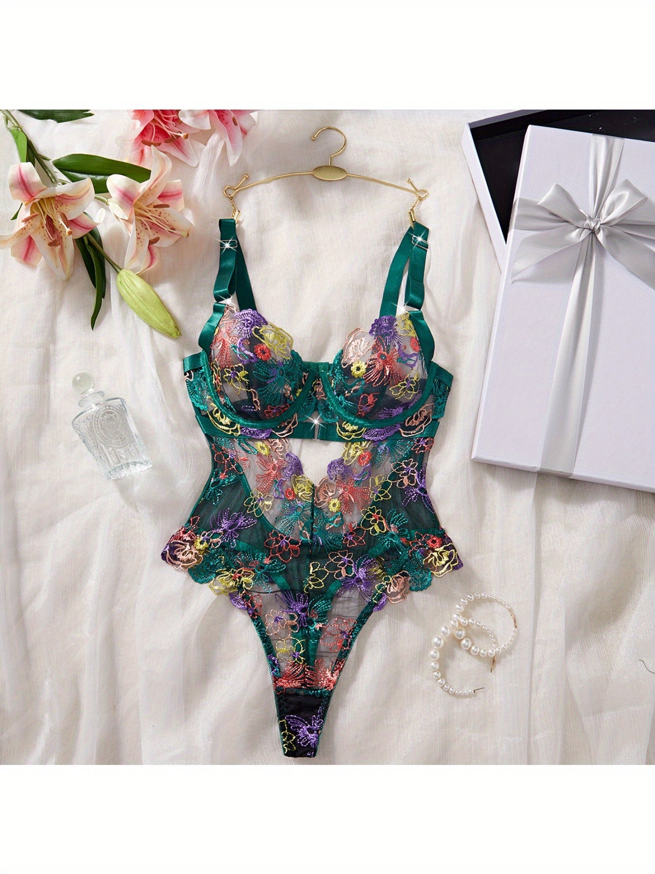 High-end Color Embroidered Sexy Lace Underwire Push-up Waist-Shaping Sheer Slimming Erotic Bodysuit