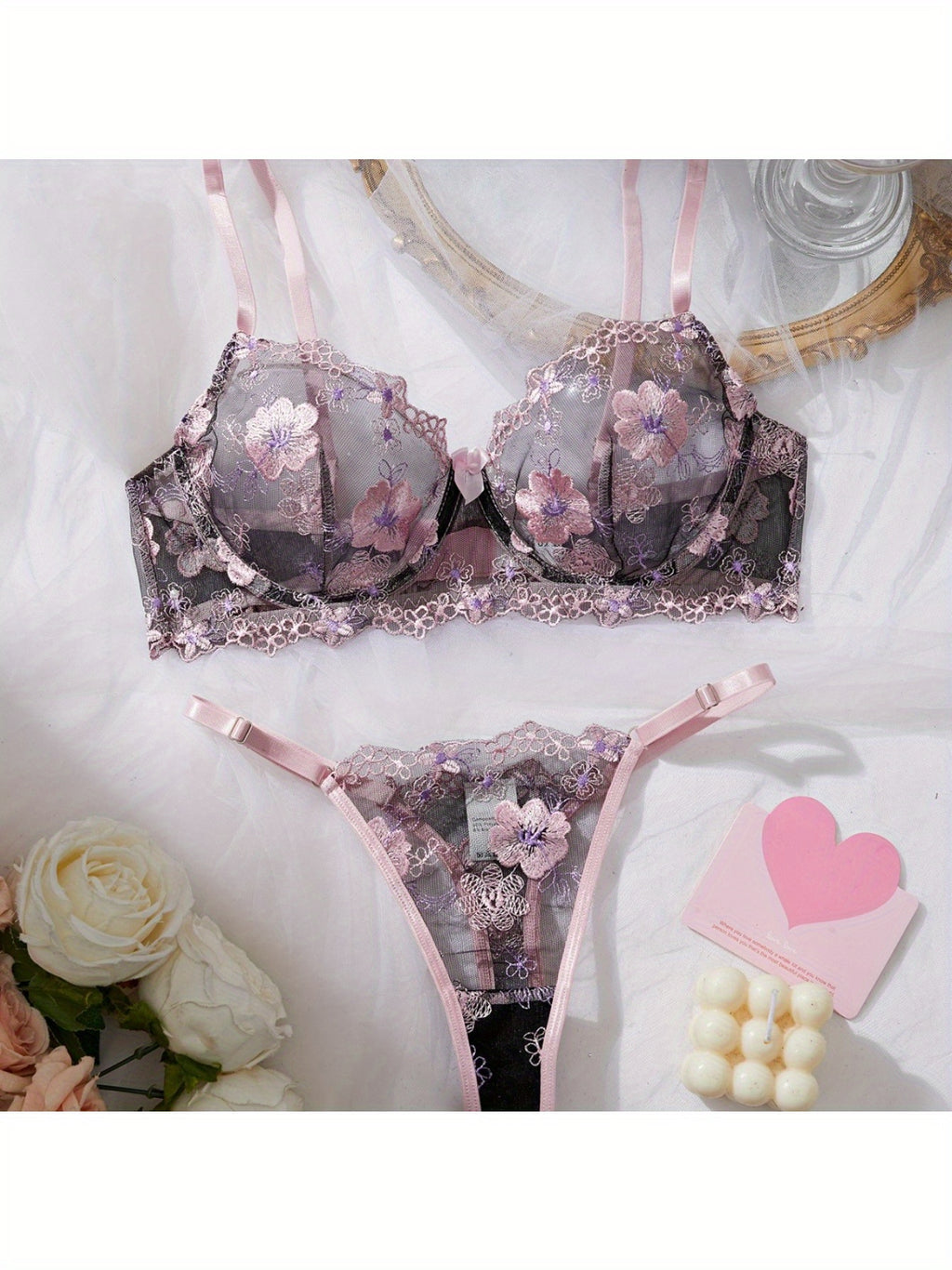 Bestseller Summer Sexy Lingerie Set - Sheer Ultra-Thin Pink Floral Pure Desire Breathable Erotic Bra&G-String Thong